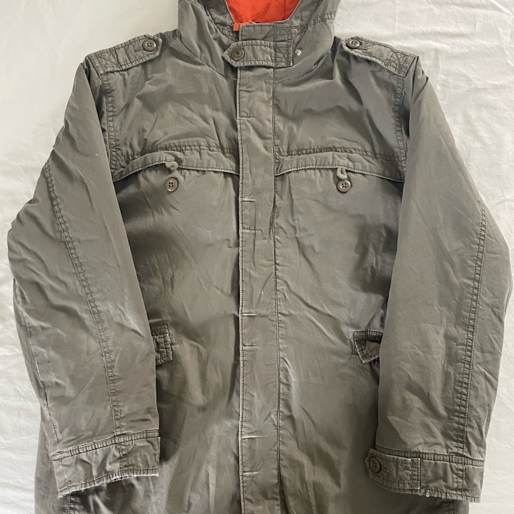 Gap distressed army green jacket, parka, hooded and quilted , boys XXL